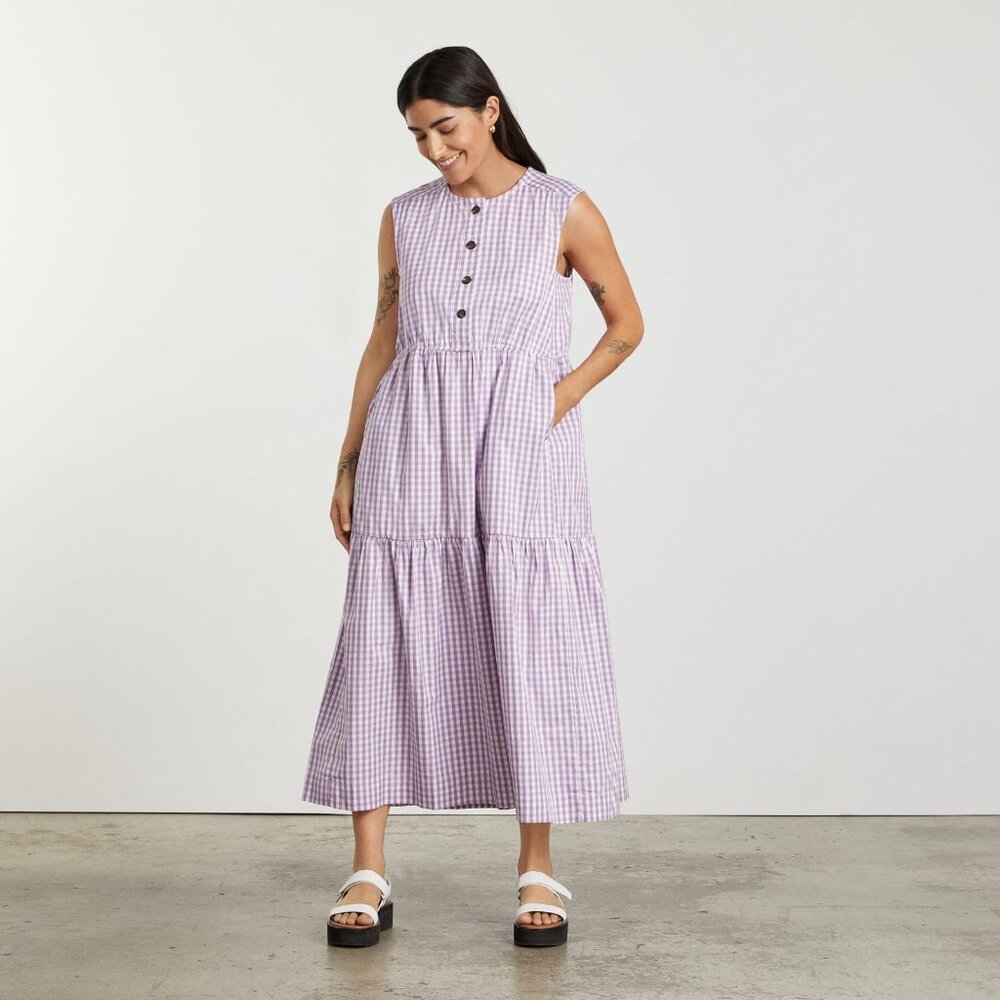 NWOT Everlane The Tiered Midi Dress Orchid Gingham - Size S